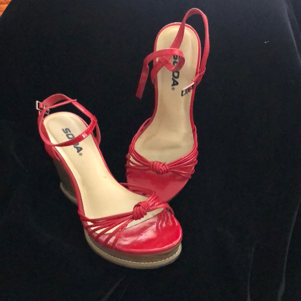 Red patent leather wedge sandals